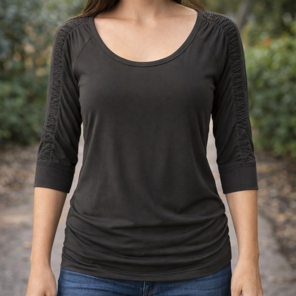 Espresso Ruched Sleeve Scoop Top Women S Charcoal Stretch Knit 3/4 Sleeve